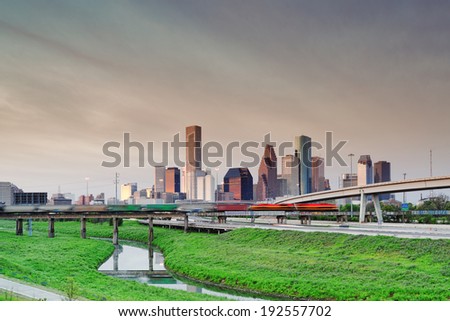 View of Downtown Houston Skyline from Hogan Street Bridge Houston Texas