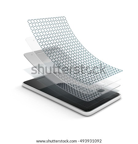 Anti-scratch glass or film on a smartphone. Multi layered, self-healing material for screen protection. 3d illustration isolated on a white background.