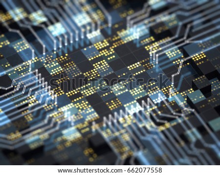 Abstract technology background. Close-up of a circuit board with futuristic CPU for big data, wireless communication, internet of things, or artificial intelligence. 3D illustration.