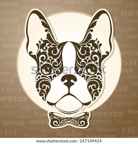 Ornamental decorative dog with bow tie. French Bulldog. Hipster vintage animal vector illustration