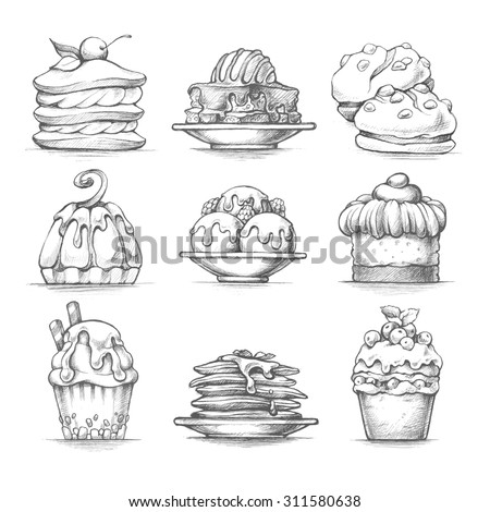 Vector set sketch illustrations desserts. Food icons. Cake, muffin, cookies, ice cream, pancakes, brownie, cupcake, souffle, pastries. Pencil sketch collection