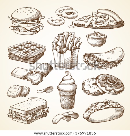 Set with fast food illustration. Sketch vector illustration. Fast food restaurant, fast food menu. Hamburger, hot dog, sandwich, snacks, waffles, pizza, french fries, ice cream, donuts, burger, sauce