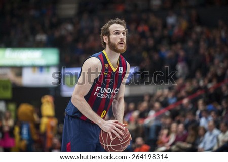 VALENCIA, SPAIN - MARCH 5: M.Huertas during EURO CUP match between Valencia Basket Club and Bascelona F.C. Basket at Fonteta Stadium on March 22, 2015 in Valencia, Spain