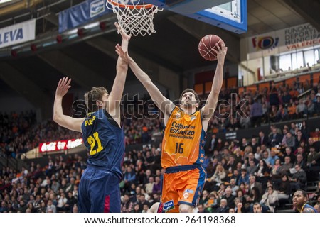 VALENCIA, SPAIN - MARCH 5: Guillem Vives  And Tibor Pleis during EURO CUP match between Valencia Basket Club and Bascelona F.C. Basket at Fonteta Stadium on March 22, 2015 in Valencia, Spain