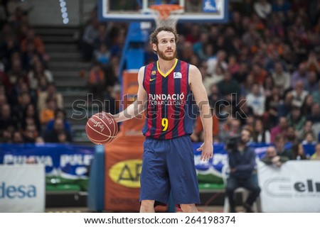 VALENCIA, SPAIN - MARCH 5: M. Huertas during EURO CUP match between Valencia Basket Club and Bascelona F.C. Basket at Fonteta Stadium on March 22, 2015 in Valencia, Spain