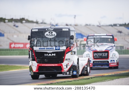 VALENCIA, SPAIN - April 25: Norbert Kiss and Adam Lacko during 2015 FIA European Truck Racing Championship at Ricardo Tormo Circuit on April 25, 2015 in Valencia, Spain