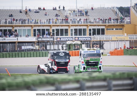 VALENCIA, SPAIN - April 25: Norbert Kiss and Jochen Hahn during 2015 FIA European Truck Racing Championship at Ricardo Tormo Circuit on April 25, 2015 in Valencia, Spain