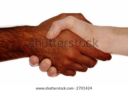 stock photo : White man and black man shaking their hands
