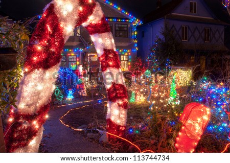 House with entire front yard covered in colorful Christmas lights.