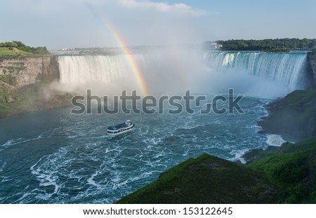Rainbow at Niagara falls with Boat