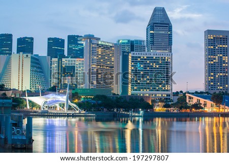 SINGAPORE -May 9: Wonderful laser show at the Marina Bay waterfront in Singapore. Marina Bay Sands Hotel dominates the skyline at Marina Bay on may 9, 2014.