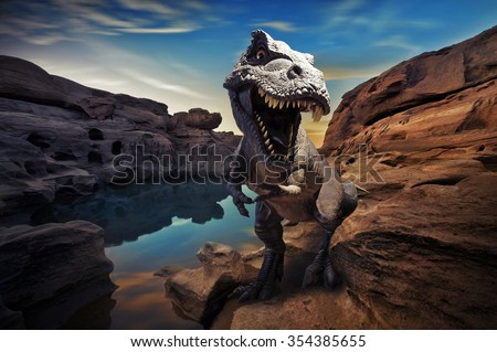 Dinosaurs model on mountain rock