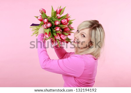 Collage of woman with red hearts and tulips