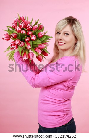 Collage of woman with red hearts and tulips