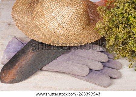 Straw hat,shovel,garden gloves and thyme for gardening