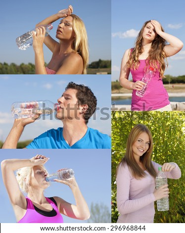 Five people drinking mineral water outdoor