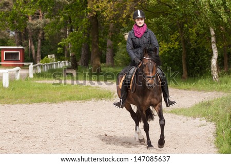 Girl rides her brown pony (New-Forest-Pony)
