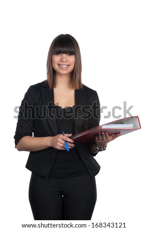 Cut out image of a young, beautiful woman who holds a red closed file and a blue pen.