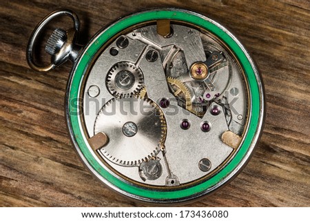 pocket watch mechanism wood background