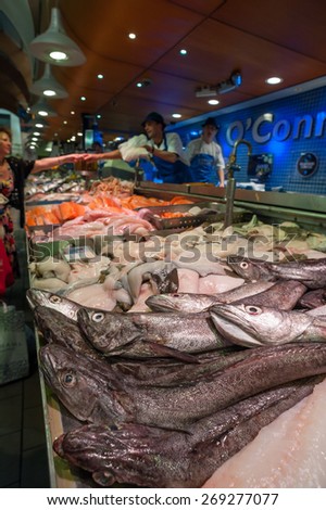 Cork City, Ireland - 10th August 2012:  Fresh fish counter at the English market in Cork City,The Market open since 1788 is a well know local market popular with locals and tourists alike.