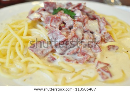 Spaghetti Carbonara with Beef Bacon