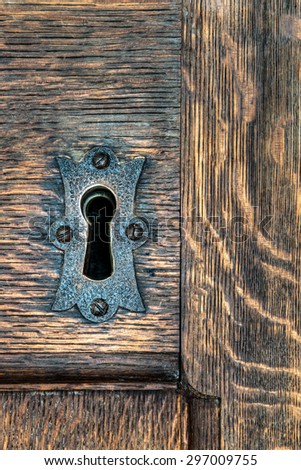 Keyhole with metal plate in a wooden door