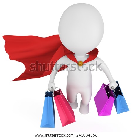 Brave superhero with red cloak and colored paper shopping bags flying above. Isolated on white 3d man. Merchandise, shopping, mystery shopper concept.