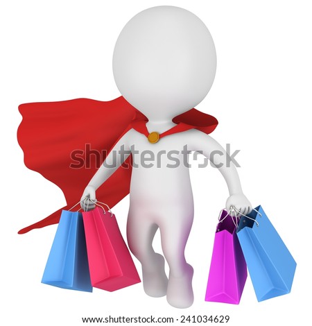 Brave hero with red cloak and colored paper shopping bags flying above. Isolated on white 3d man. Merchandise, shopping, mystery shopper concept.