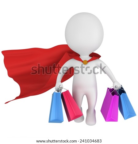 Brave superhero with red cloak and colored paper shopping bags flying above. Isolated on white 3d man. Merchandise, shopping, mystery shopper concept.