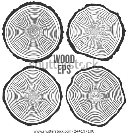 Set of four vector tree rings background and saw cut tree trunk. Conceptual graphics.