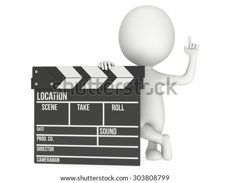 Man with cinema clapperboard. 3D render isolated on white. Filmmaking and video production.
