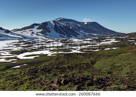 Beautiful mountain landscape: Mutnovsky Volcano - active volcano of Kamchatka Peninsula. Russia, Far East.