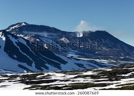 Beautiful volcanic landscape: Mutnovsky Volcano - active volcano of Kamchatka Peninsula. Russia, Far East.