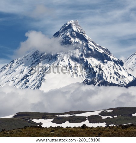 Beautiful mountain landscape of Kamchatka Peninsula: view on Kamen Volcano. Russia, Far East, Kamchatka.