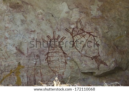 Aboriginal paintings in a rock in Kakadu National Park, Australia.