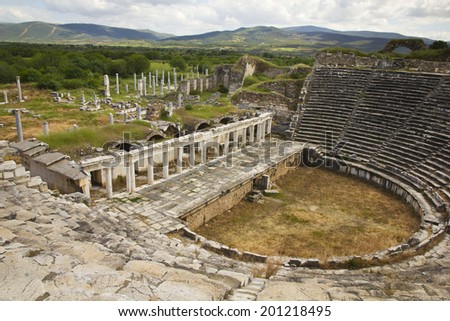 Old ancient ruin amphitheater in Aphrodisias. Old greek city with very well built landmarks in Turkey.