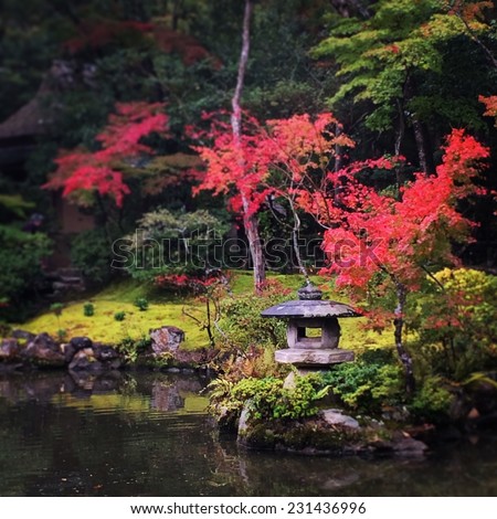 Colorful Japanese zen garden on autumn colors. Asian worship ancient beautiful place. Tilt shift effect applied.