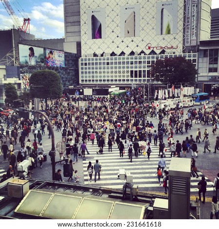 circa November 2014. Shibuya Cross, Tokyo. The most crowded crossing path all around the world in motion. Filtered image.