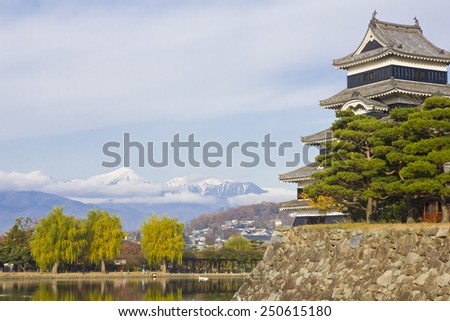 Beautiful Japanese wood castle with the Hida mountains in the background.