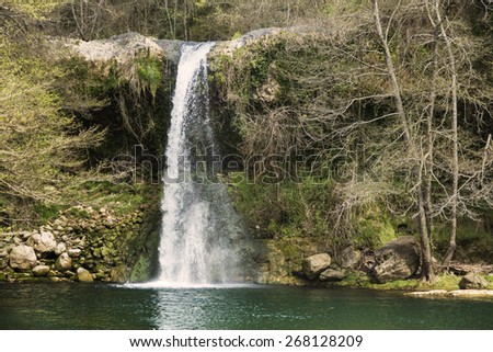 Beautiful small waterfall on a quiet pond water on a green nature still in a calm countryside scene.