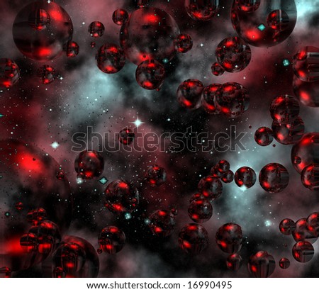 Red floating bubbles on a smokey background