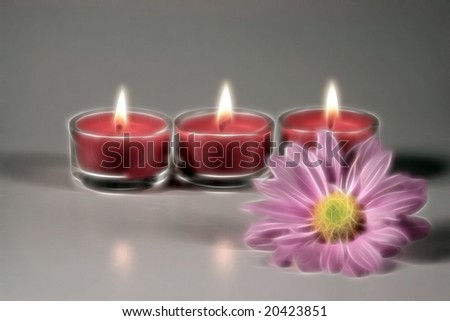 Three candles and a pink daisy