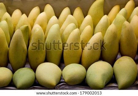 Ripen Mangoes lay as pattern.Six mangoes at front raw lay down.back raw more mangoes stand up.