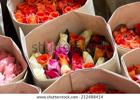 Red,pink and yellow Roses in  paper package for valentine and lovely.
