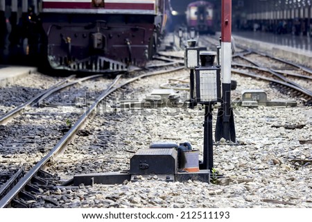 Railways  system for diesel train platform in focus shot at  light signal box.