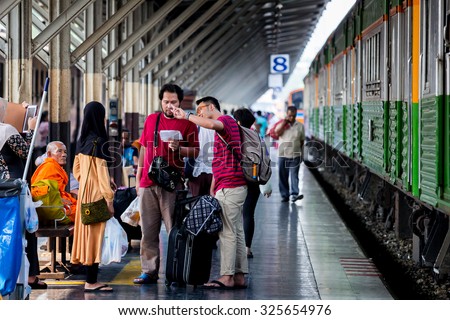 BANGKOK, Thailand - APRIL 8, 2015: Many people wait for train at  main terminal railway in Bangkok.