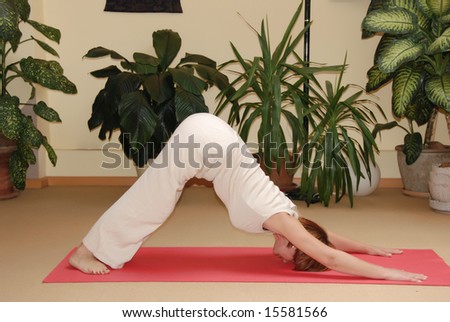 Senior lady practicing yoga in yoga school