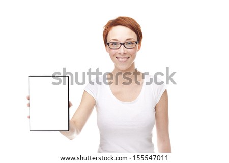 Red head woman showing empty DVD cover on white
