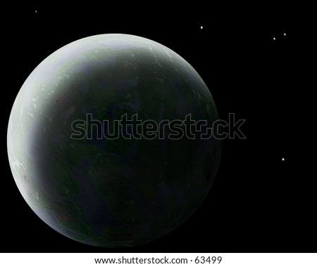 Computer generated graphic of planet with stars. Room for text.