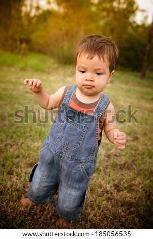 18 month old mixed race asian caucasian boy learning to walk outside in a grassy park on a cool autumn day